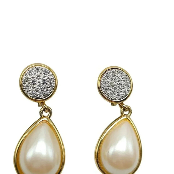 Monet Faux Pearl Clear Rhinestone Dangle Drop Earrings Gold Tone Vintage - Picture 2 of 6